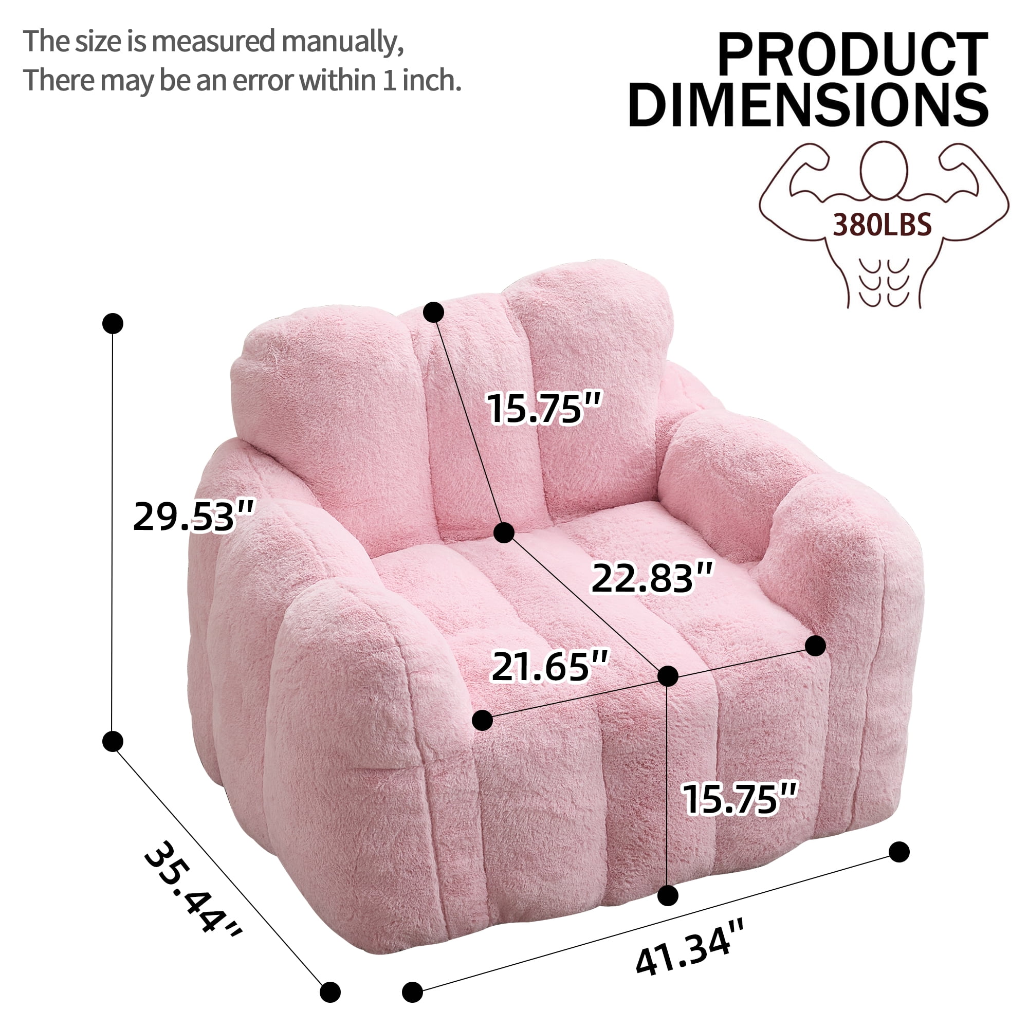 Peispie Giant Fluffy Bean Bag Chair for Adults, Oversized Memory Foam Floor Sofa Lounge Chair with Armrests, Comfy Stuffed Accent Reading Chair for Bedroom & Living Room, No Assembly, Pink