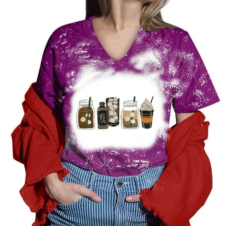 

Women Printed Shirt For Womens Casual Short Tie Dye Sleeves Tops V Neck Tee Tunic Flower Loose Side Blouse plus Size Bra Purple L