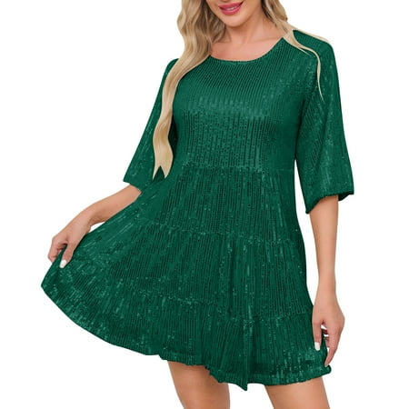 SAFUNY Women s Short Sleeve Lace Dress Crewneck Pullover A Line Sweet Tea Party Dress Green S
