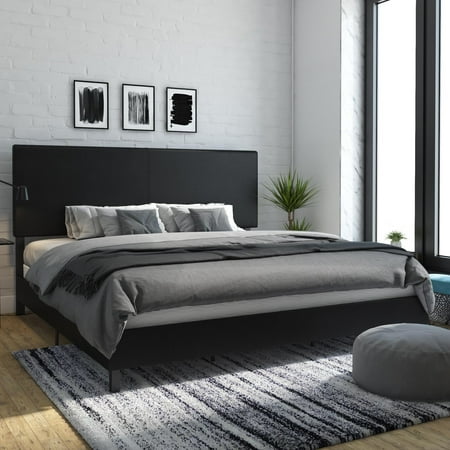 Desert Fields Janford Upholstered Bed with Headboard  King  Black Faux Leather