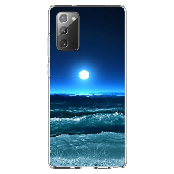 DistinctInk Clear Shockproof Hybrid Case for Samsung Galaxy Note 20 (6.7" Screen) - TPU Bumper, Acrylic Back, Tempered Glass Screen Protector - Moonlit Ocean Waves