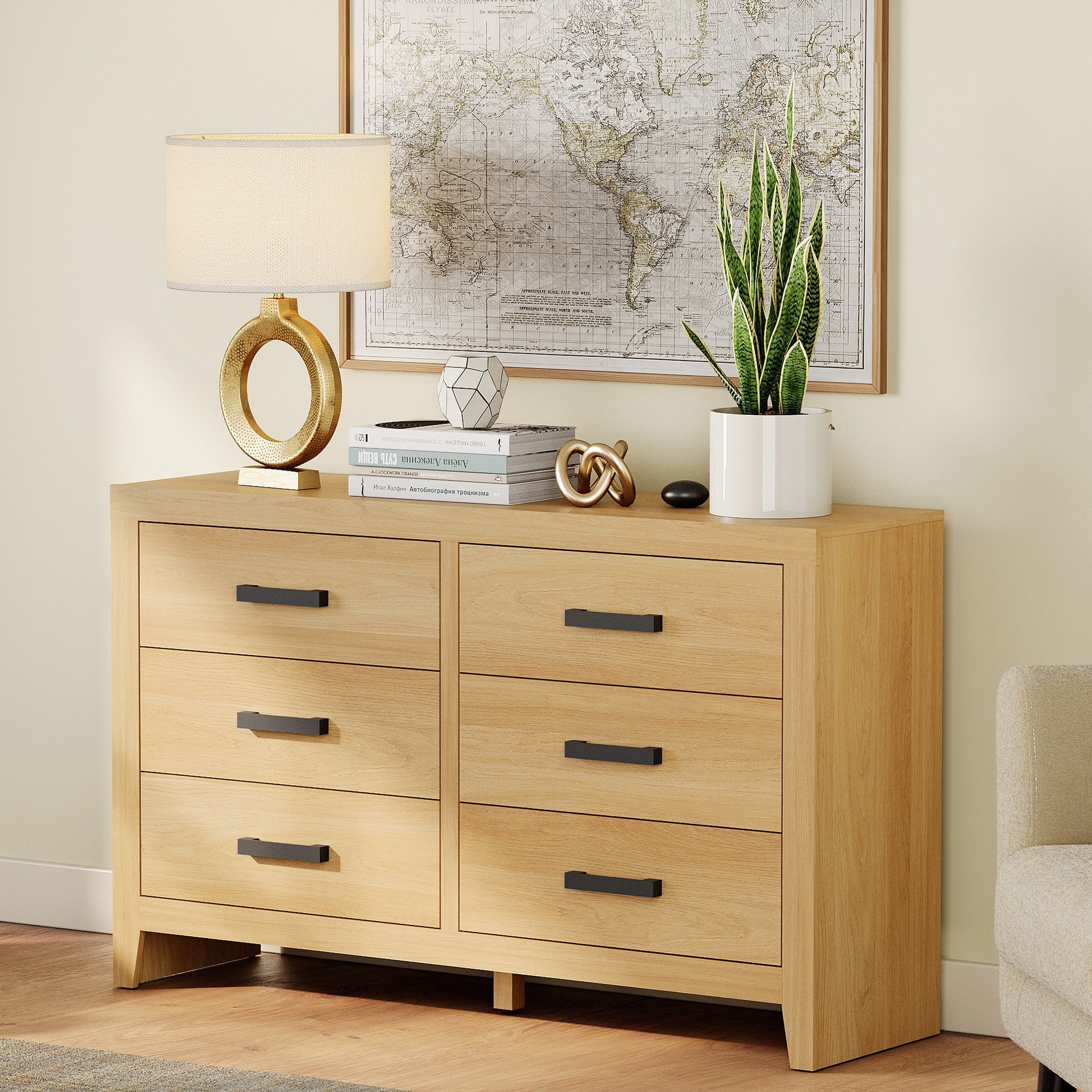 WAMPAT Farmhouse Dresser for Bedroom, 53 Inch Farmhouse Wood Storage Cabinet with 6 Drawers, Rustic Chest of Drawers for Living Room & Hallway