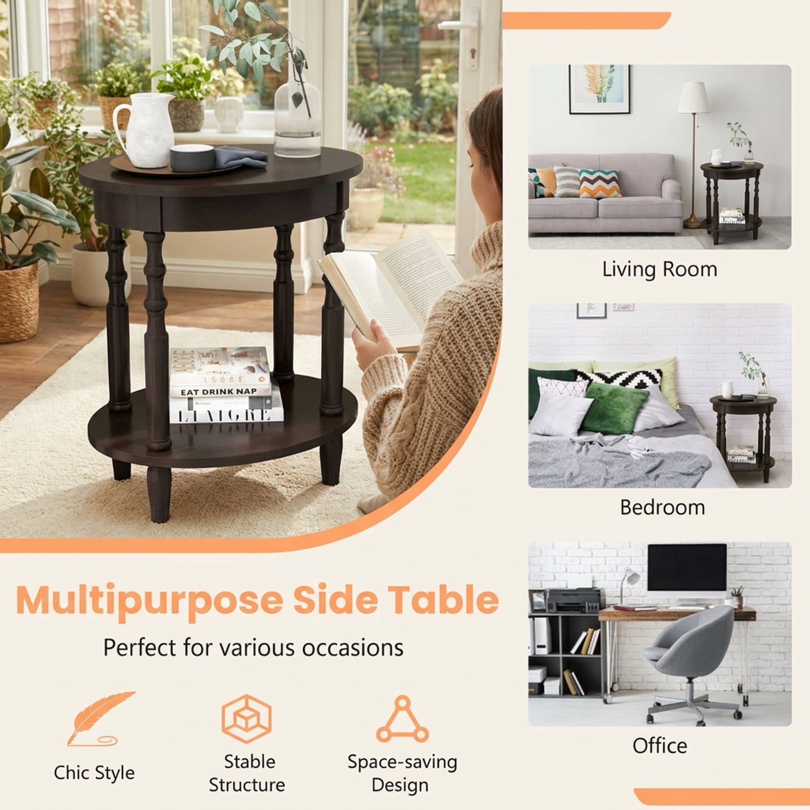 Furnibear 2-Tier Oval Side Table with Storage Shelf and Solid Wood Legs for Living Room Bedroom Sofa Side Nightstand Small Spaces, Espresso