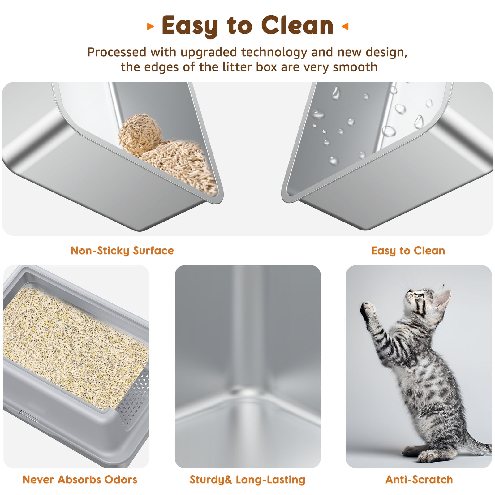 Litter Box with Large Litter Mat for All Cats, Upgraded Stainless Steel 23.6" Cat Litter Tray, High-Sided Open Top Cat Litter Box with Scoop, Anti-Scratch