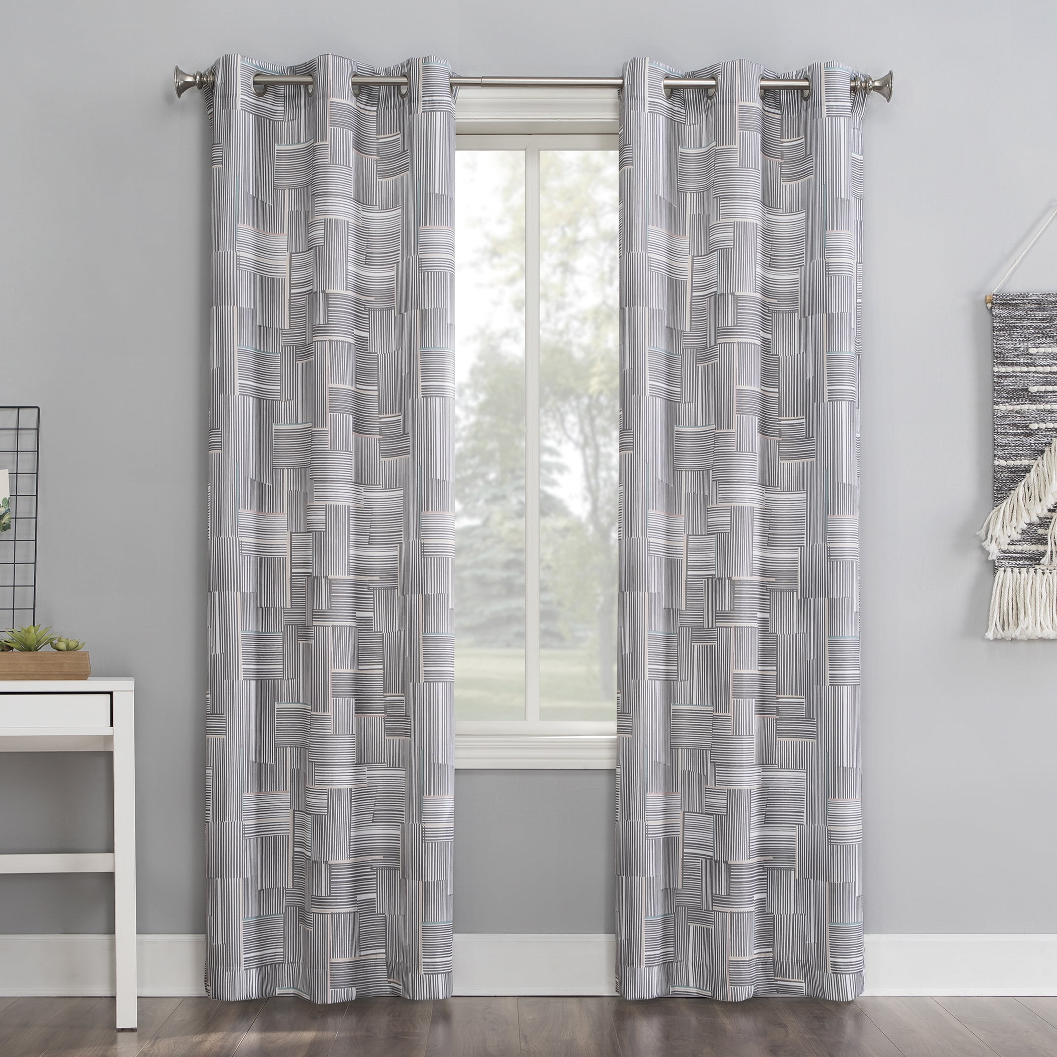 No. 918 Sora Print Modern Grid SemiSheer Grommet Curtain Panel