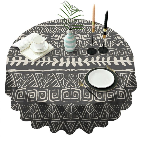 Round Waterproof Tablecloth 60×60 Inch, Black Strip Boho Reusable Indoor/Outdoor Durable Table Cover for Party Kitchen Dinner Room Decor