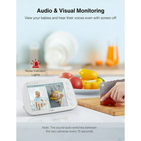 VAVA 5" 720P HD Baby Monitor with 2 Cameras, Night Vision, Zoom/Pan/Tilt, 2-Way Audio, White-New