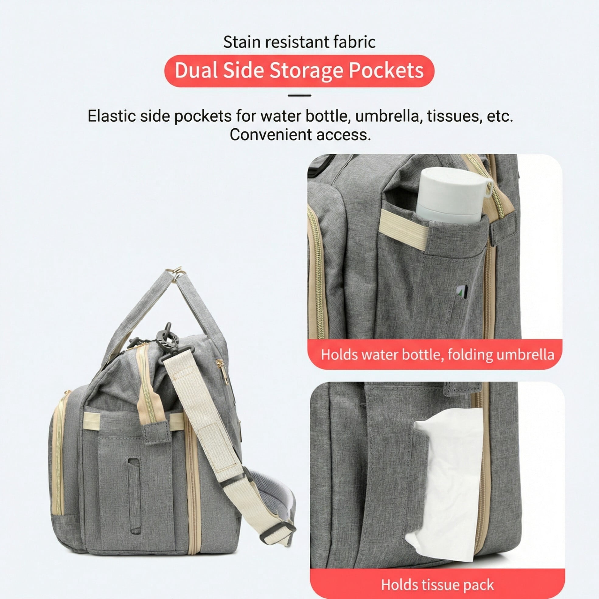 Diaper changing bag, multi-functional baby changing bag, includes insulated bottle holder, essential for baby travel, large capacity travel backpack with USB charging port and stroller strap (gray).