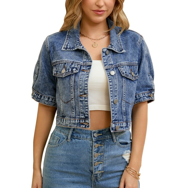 CHAQUETA DE JEAN AZUL PARA MUJER, CORTA, DE MANGA CORTA, CON BOTONES Y DESGASTADA, TALLA M