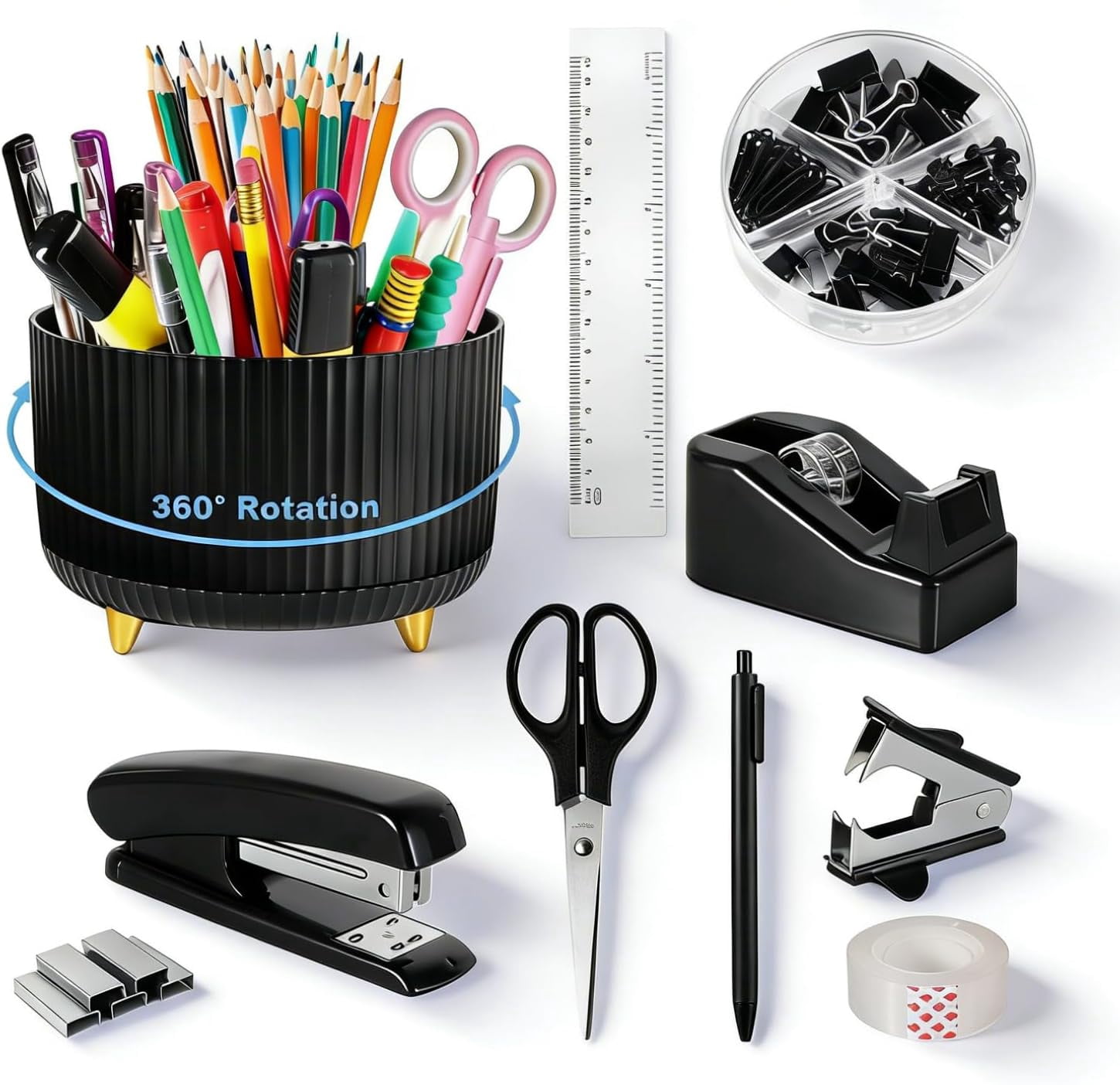 11PCS Office Supplies Set, Desk Stationery Set with 360° Rotating Pen Holder 1000Stapler Staple Remover Clips Set Tape Dispenser Tape Staples Pen Ruler Scissors and Sticky Notes,Black