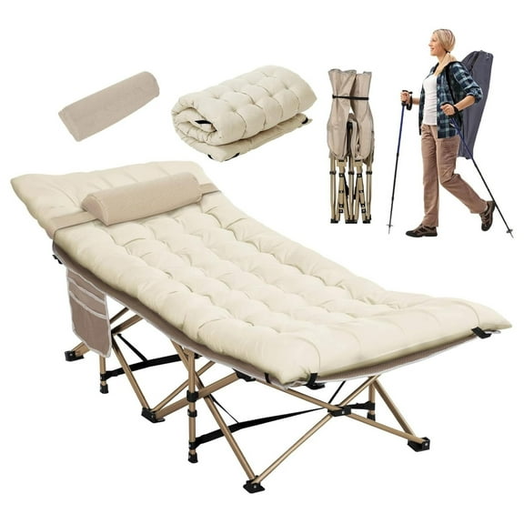 Wide Folding Camping Cots with Pillow & Extra Thick 3 Inch Matress, Cots for Sleeping 900 LBS, Camping Bed for Adults with Cushion, Sleeping Cot (Cream)