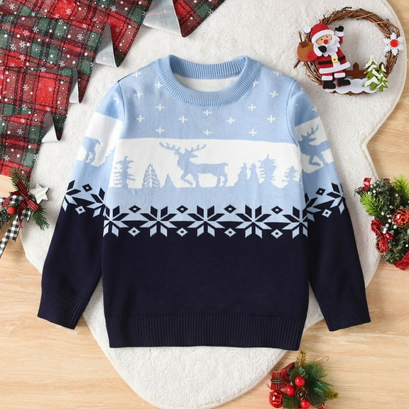 Bnwani Christmas Childs Sweater Boys Fashion Knitted Cotton Pullover Crew Neck Long Sleeve Outerwear Warm Casual Printed Sweater Blue