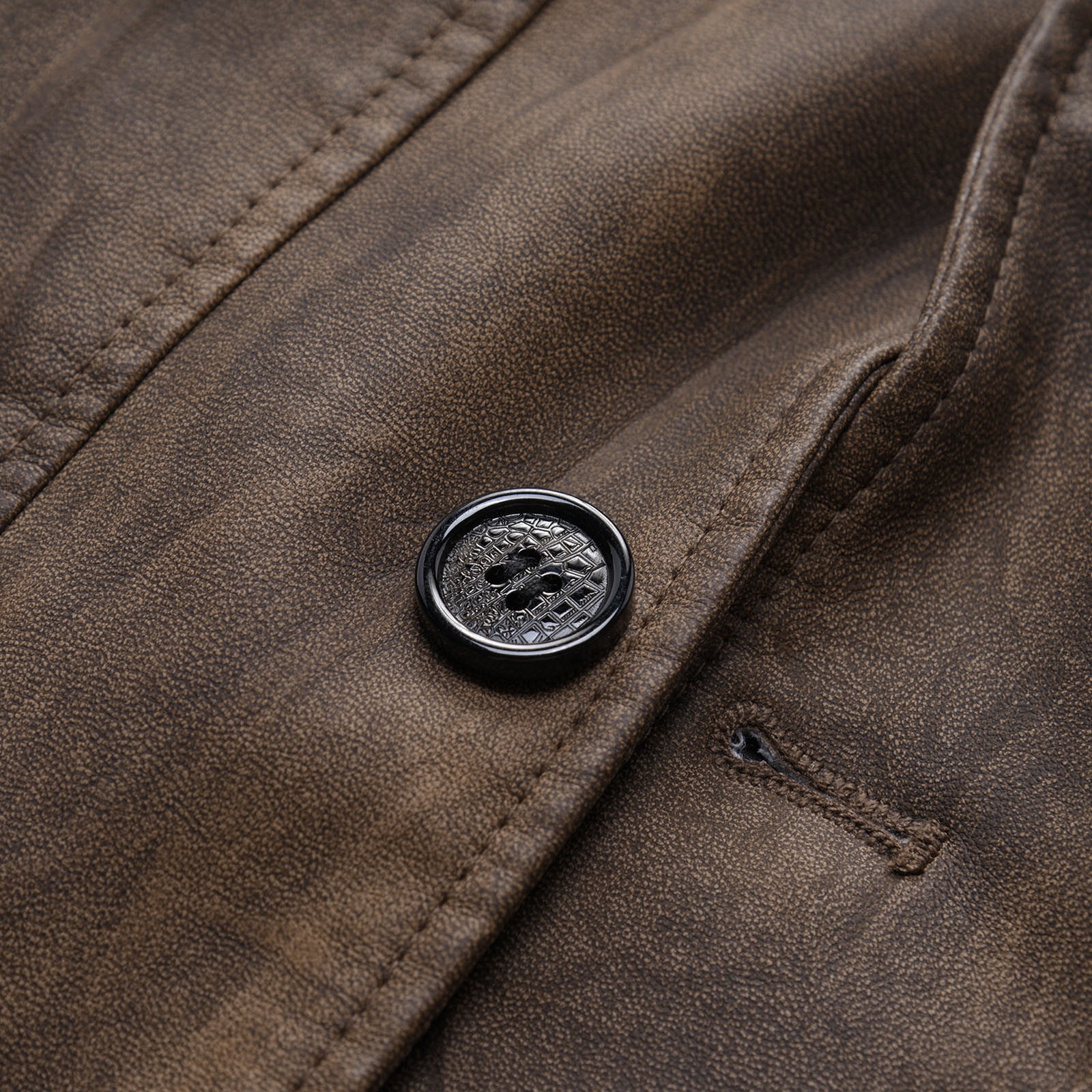 Dolkfu Brown Men Jacket Faux Leather Distressed Windbreaker Motocycle Vintage Trench Coat Mens Coats Winter 3XL