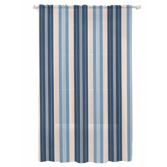 Sheer Curtains 108 Inches Long, Blue Beige Striped Semi Sheer Curtains Light Filtering Window Treatment, Modern Stripes Art Farmhouse Privacy Voile Drapes for Living Room Bedroom 52x108 Inch