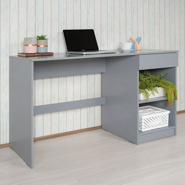 Madesa Bureau moderne avec tiroirs de rangement 53 pouces, bureau d'étude  pour le bureau à domicile, table de PC de style simple avec 1 tiroir, 2  étagères de rangement (gris) 