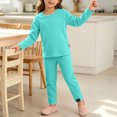 thumbnail image 6 of Kids Ribbed Knit Two Piece Loungewear Set Crew Neck Long Sleeve Top & Elastic Waist Straight Pants, Soft Stretchy Matching Outfit for Homewear Daily Casual Wear Blue 3-4 Years, 6 of 7
