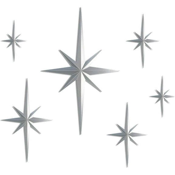 Mid Century Modern Decor, Mcm Retro 3D Star Art Wall Sculpture, Plastic Starburst Decor, Vintage Celestial Whimsigoth Home Decor Accent. (Set of 6, Silver)