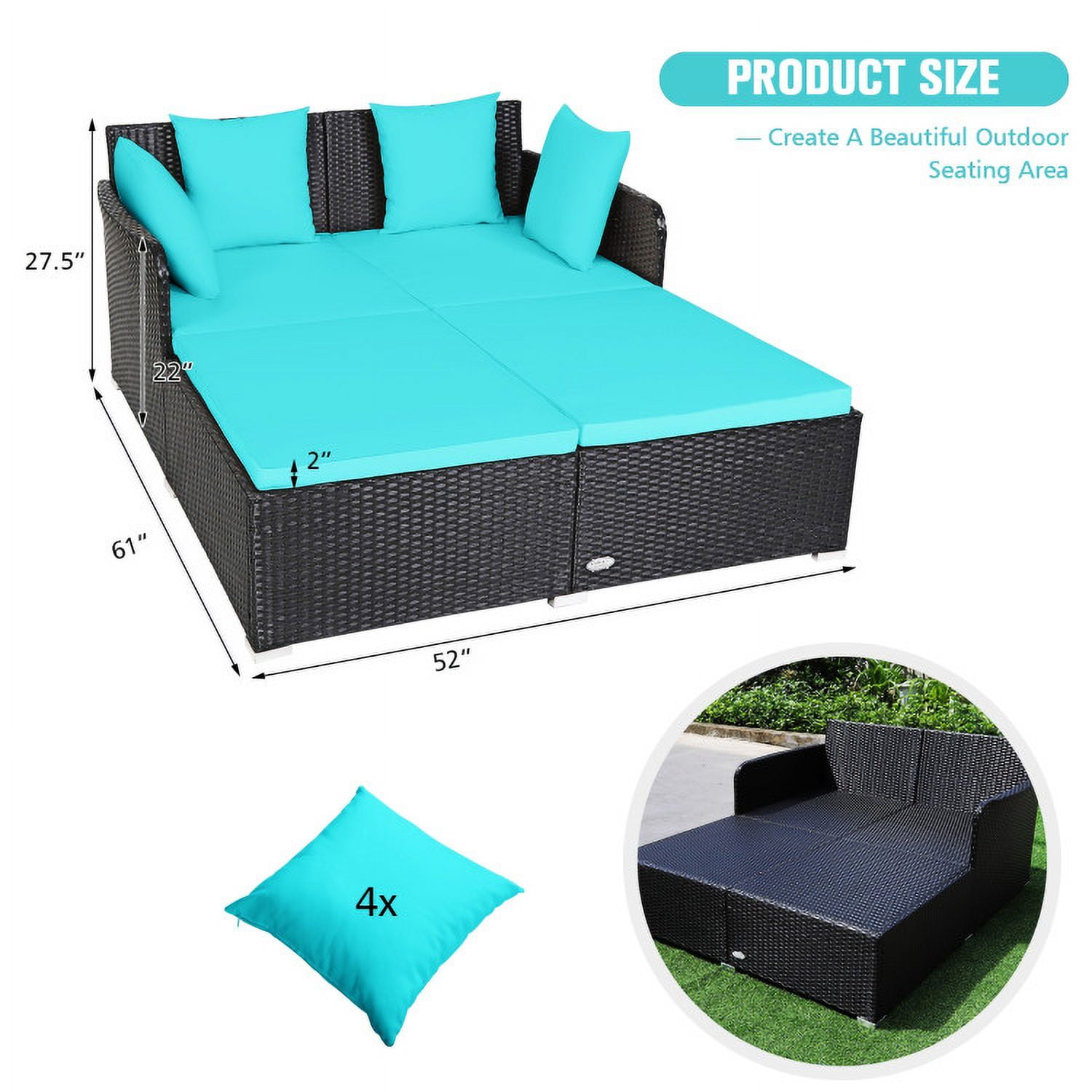 Aimee Lii Spacious Outdoor Rattan Daybed with Upholstered Cushions and Pillows, Outdoor Deck Furniture, Turquoise Aimee Lii Spacious Outdoor Rattan Daybed with Upholstered Cushions and Pillows, Outdoor Deck Furniture, Turquoise