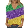 thumbnail image 2 of ZRGHAOYLQ Mardi Gras Shirts 2025 Carnival Themed Clothes Purple Yellow Green Graphic 3/4 Sleeve Tunic Tops Casual V Neck Pullover for Women, 2 of 5