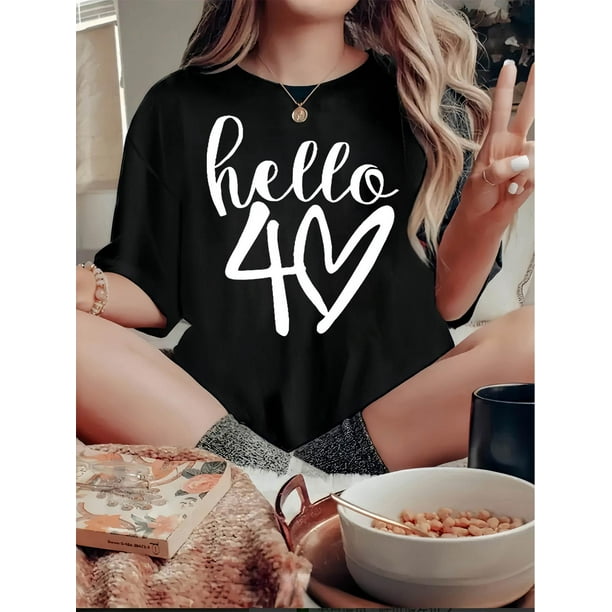 Camiseta informal de manga corta y cuello redondo para mujer, con estampado geométrico y diseño de corazón "Hello 4U", ajuste cómodo para todas las estaciones. Ideal para adultos, hombres, mujeres, ad