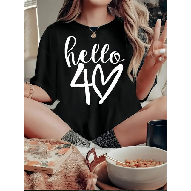 Camiseta informal de manga corta y cuello redondo para mujer, con estampado geométrico y diseño de corazón "Hello 4U", ajuste cómodo para todas las estaciones. Ideal para adultos, hombres, mujeres, ad