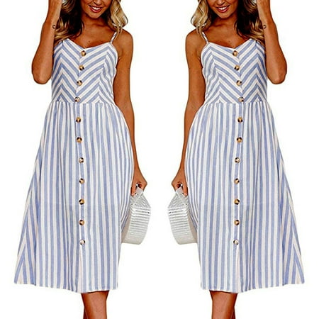 iLH Women Sexy Stripe Buttons Off Shoulder Sleeveless Dress Princess Dress BU/S