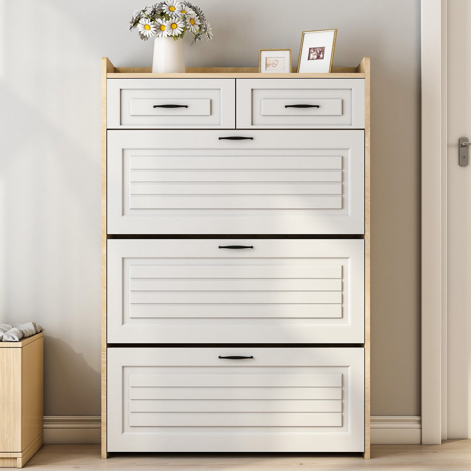 Aukfa 3 Flip Drawers Shoe Cabinet with Drawer for Entryway Free Standing Shoe Organizer - Light Brown
