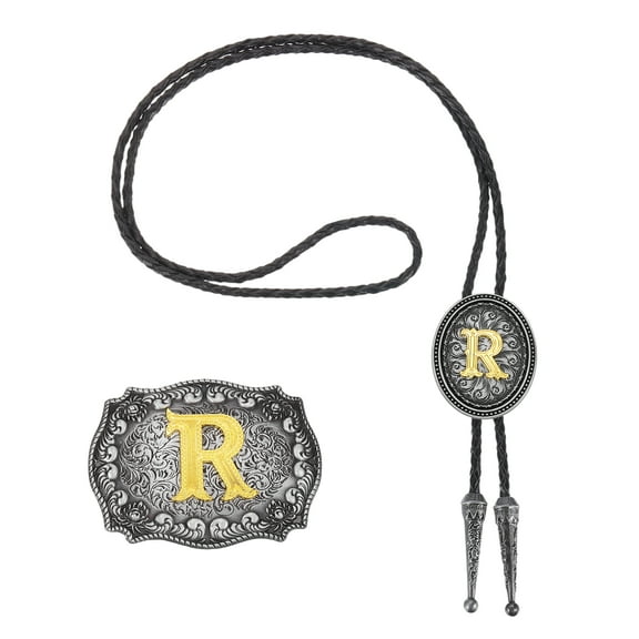 Uxcell Western Cowboy Bolo Tie and Belt Buckle Set Golden Initial Letter R Cowhide Rope Necktie for Women Men Costume Traditional Vintage Accessories, Grey Black/Gold