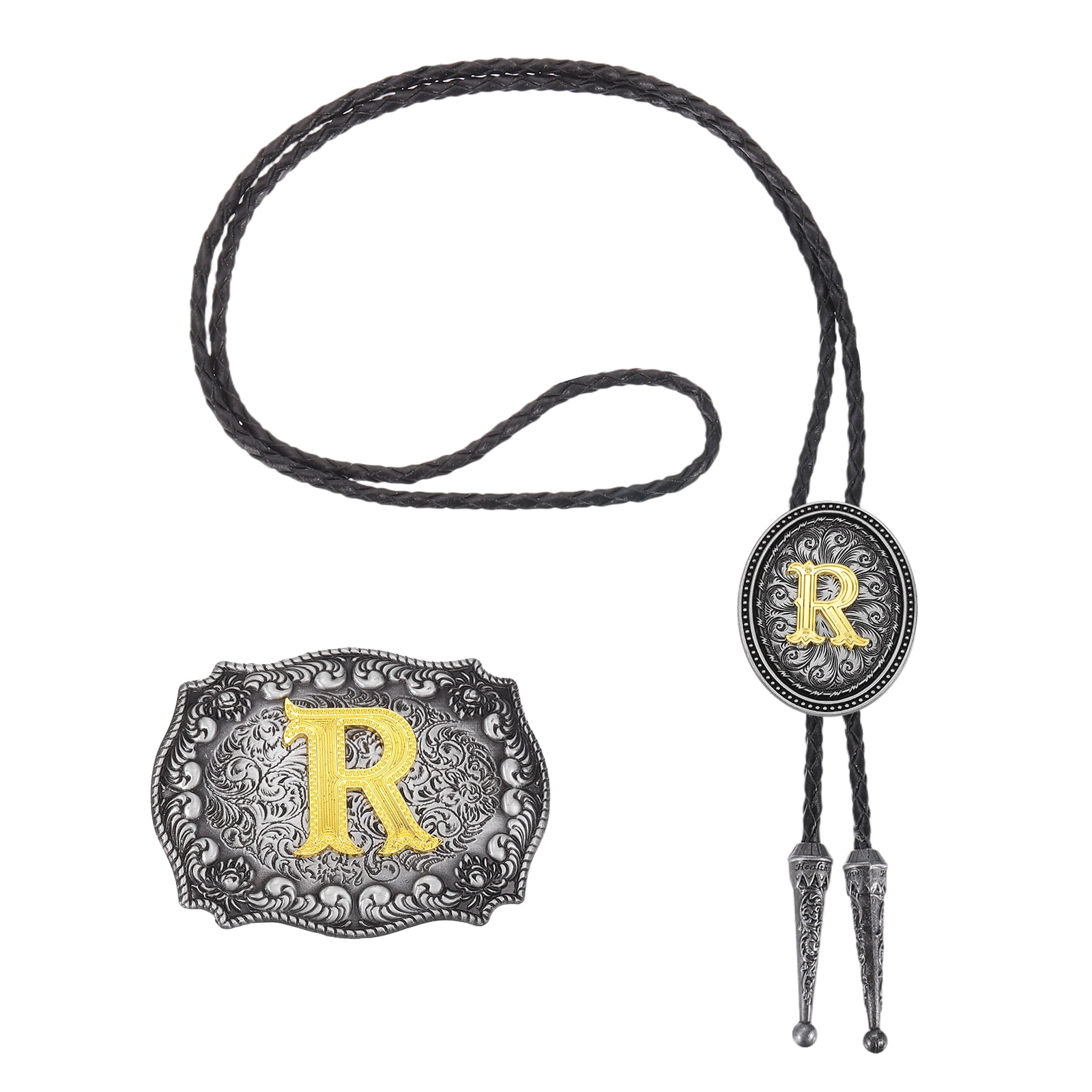 Uxcell Western Cowboy Bolo Tie and Belt Buckle Set Golden Initial Letter R Cowhide Rope Necktie for Women Men Costume Traditional Vintage Accessories Grey Black/Gold