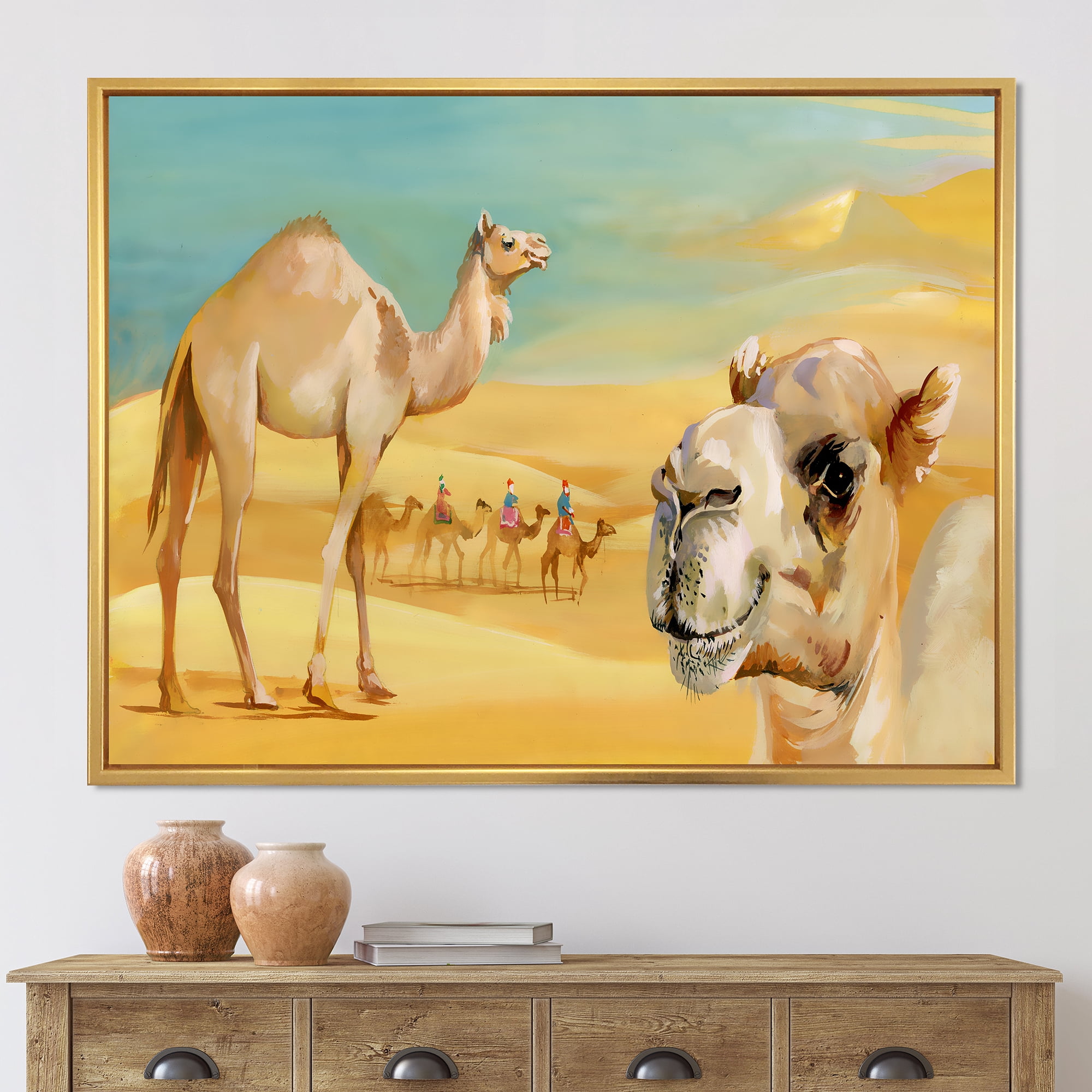 Designart 'Camels In Wild Desert II' Farmhouse Framed Canvas Wall Art Print