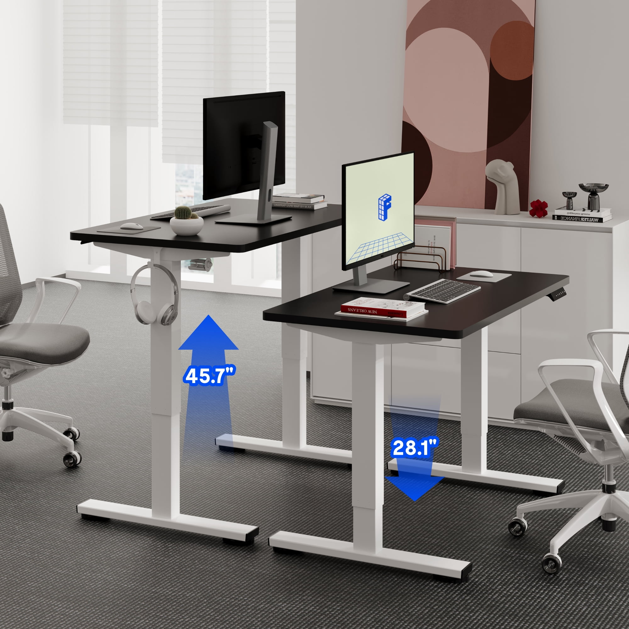 FitStand 40"x24" Height Adjustable Electric Standing Desk with 1" Thick Desktop, 4 Memory Presets & Dual Hooks, Ergonomic 2-Stage Home Office Computer Desk, White & Mahogany