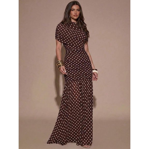Coffee Brown Polka Dot Ruched Maxi Dress With Short Sleeve And High Neck