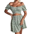 thumbnail image 6 of Women's 2 Piece Outfits Floral Off Shoulder Tie Up Crop Top & Ruffle Trim Mini Skater Skirt Set Puff Short Sleeve Elastic Waist Summer Casual Sexy Outfit for Beach Vacation Party and Dating, 6 of 6