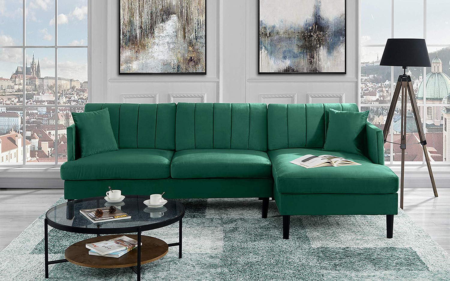 Modern 99.2" inch Velvet Sectional Sofa, L-Shape Couch (Green