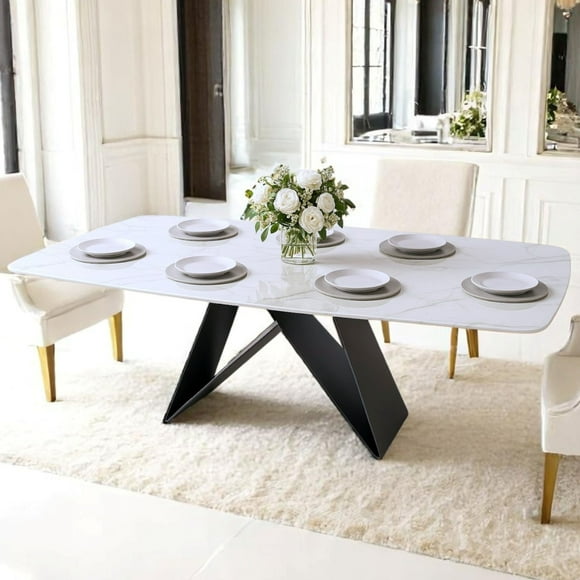 ESSENCIA Table à Manger de 79 Pouces, Pierre Frittée, Design Contemporain Élégant, Base de Table en Métal Solide, Matériau Robuste, Assoit 6 à 10 Personnes, Contessa
