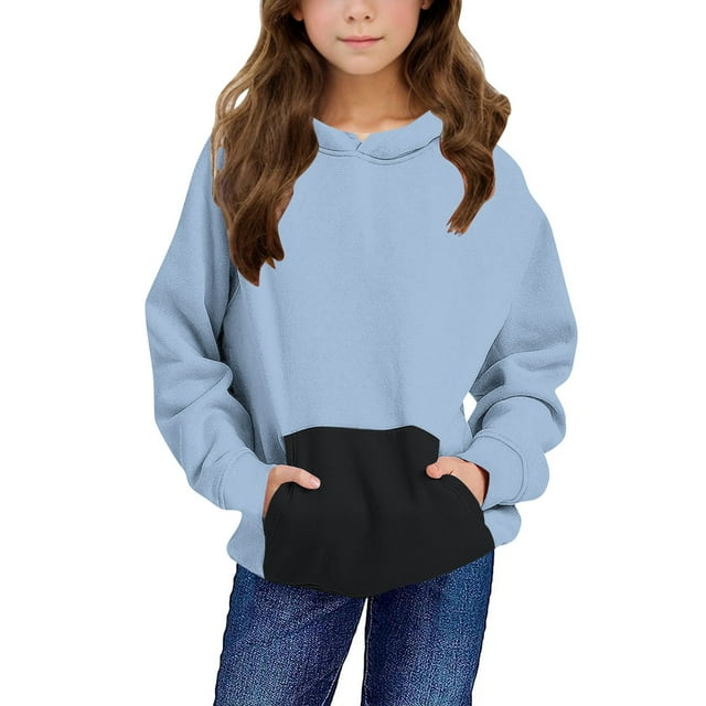 Milgrthf Tween Girls Color Block Hoodies Sweatshirts Stripes Color Block Casual Long Sleeve Fall Pullover Blouses Blue 9 Years