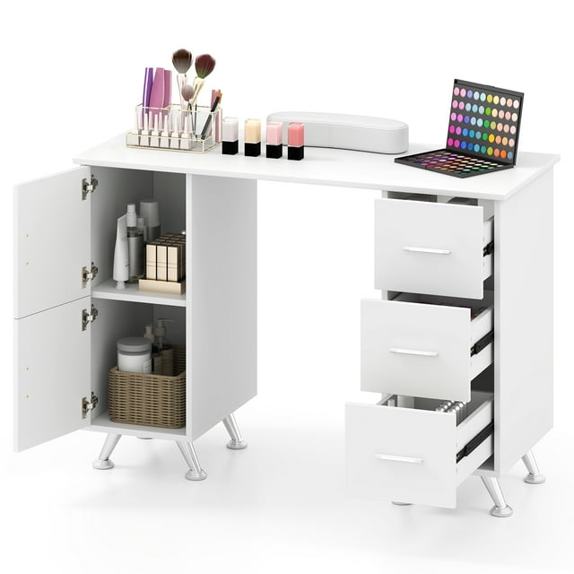 Gymax Manicure Table Nail Desk w/ Drawers Wrist Rest Metal Legs Nail Tech Station White