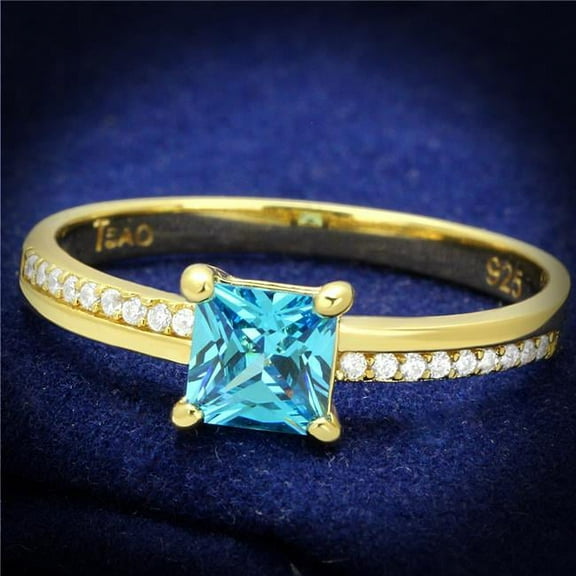 Alamode TS559-6 Women Gold 925 Sterling Silver Ring with AAA Grade CZ in Sea Blue - Size 6