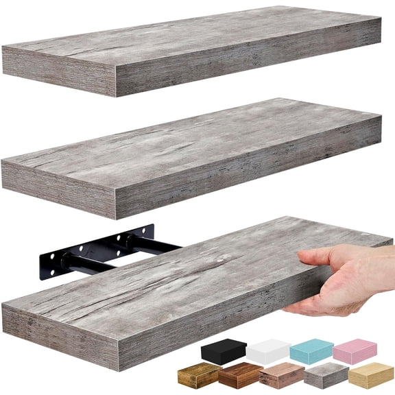 16 Inch Floating Shelves 3 Pack - Grey Wall Mounted Storage Shelves