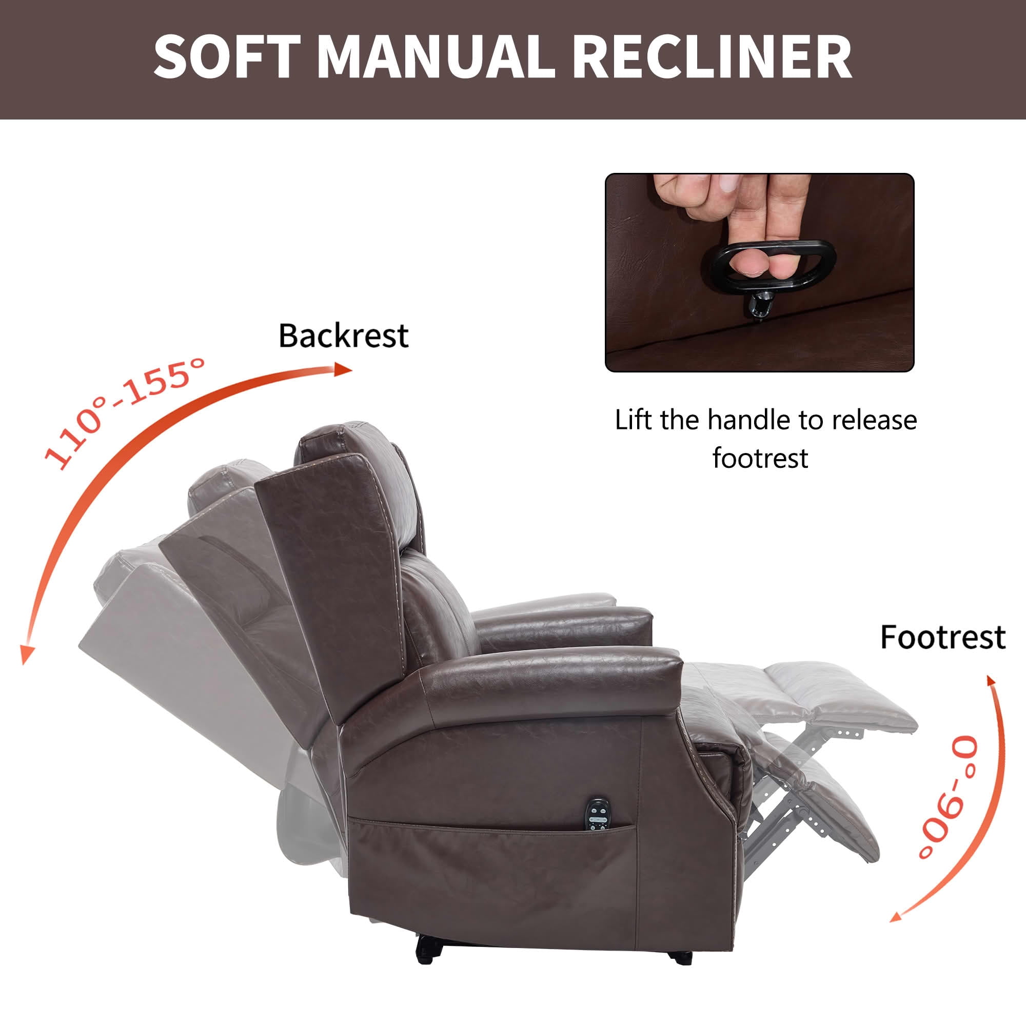 MAYEERTY Antique Brown Faux Leather Manual Recliner Chair, 8 Nodes Massage Heat 155° 35"x38"x40" for Living Room
