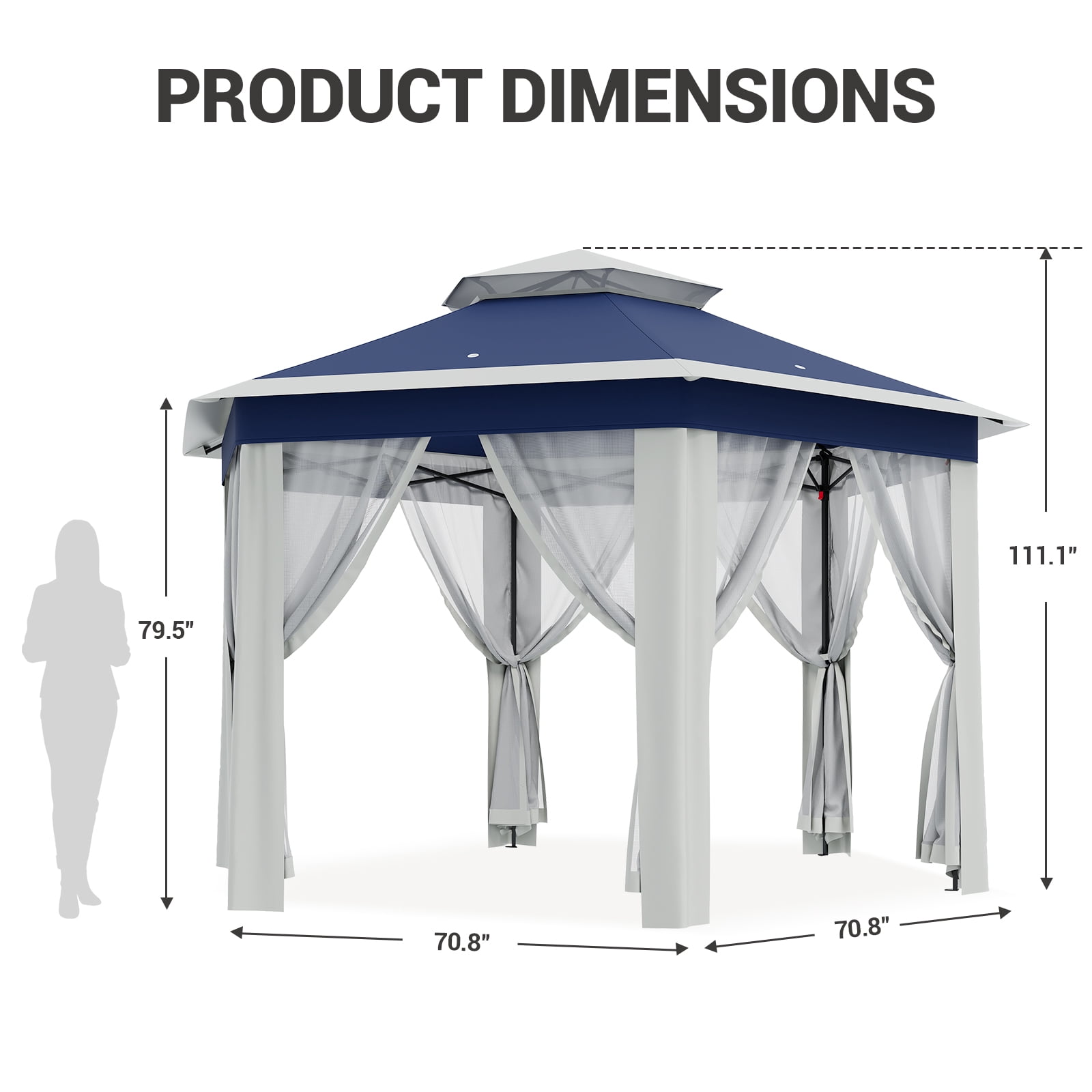 13x13 Ft Patio Gazebo, Heavy Duty Hexagonal Gazebo Canopy with Netting Sidewalls, Sturdy Steel Frame Double Roof Shelter Tent, Outdoor Pavilion for Backyard Event Party BBQ
