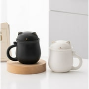 Ceramic Tea Mug with Infuser and Lid, Dingrich 350ml Cute Cat Tea Cup with Filter for Steeping Loose Leaf, Handmade Porcelain Teacup for Home Office (Black)