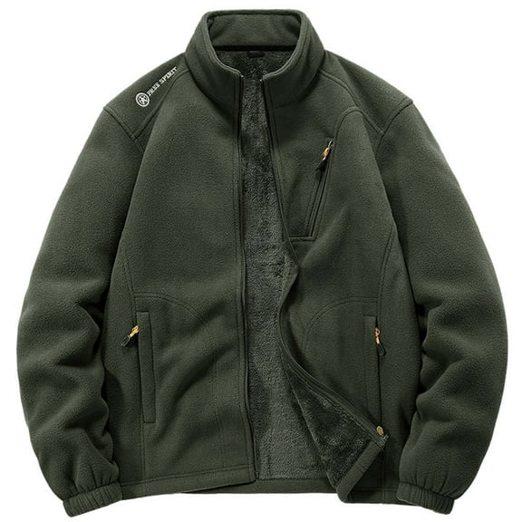 Tisuna Mens Coat Solid Color Long Sleeve Stand Collar Thick Warm Autumn Winter Men Zip Up Fleece Jackets Army Green Size L