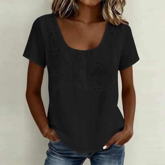 Women's Top, Fashion Summer U-Neck Short Sleeve Solid Color Casual Blouse, Embroidered Loose Fit Top, Soft Breathable Daily Shirt for Beach or Vacation