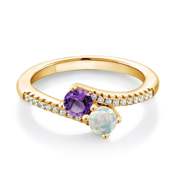 Gem Stone King 18K Yellow Gold Plated Silver Purple Amethyst and White Opal Bypass Ring for Women | 0.74 Cttw | Gemstone Birthstone | Round 4MM | Wedding Engagement Anniversary Promise Ring | Size 5