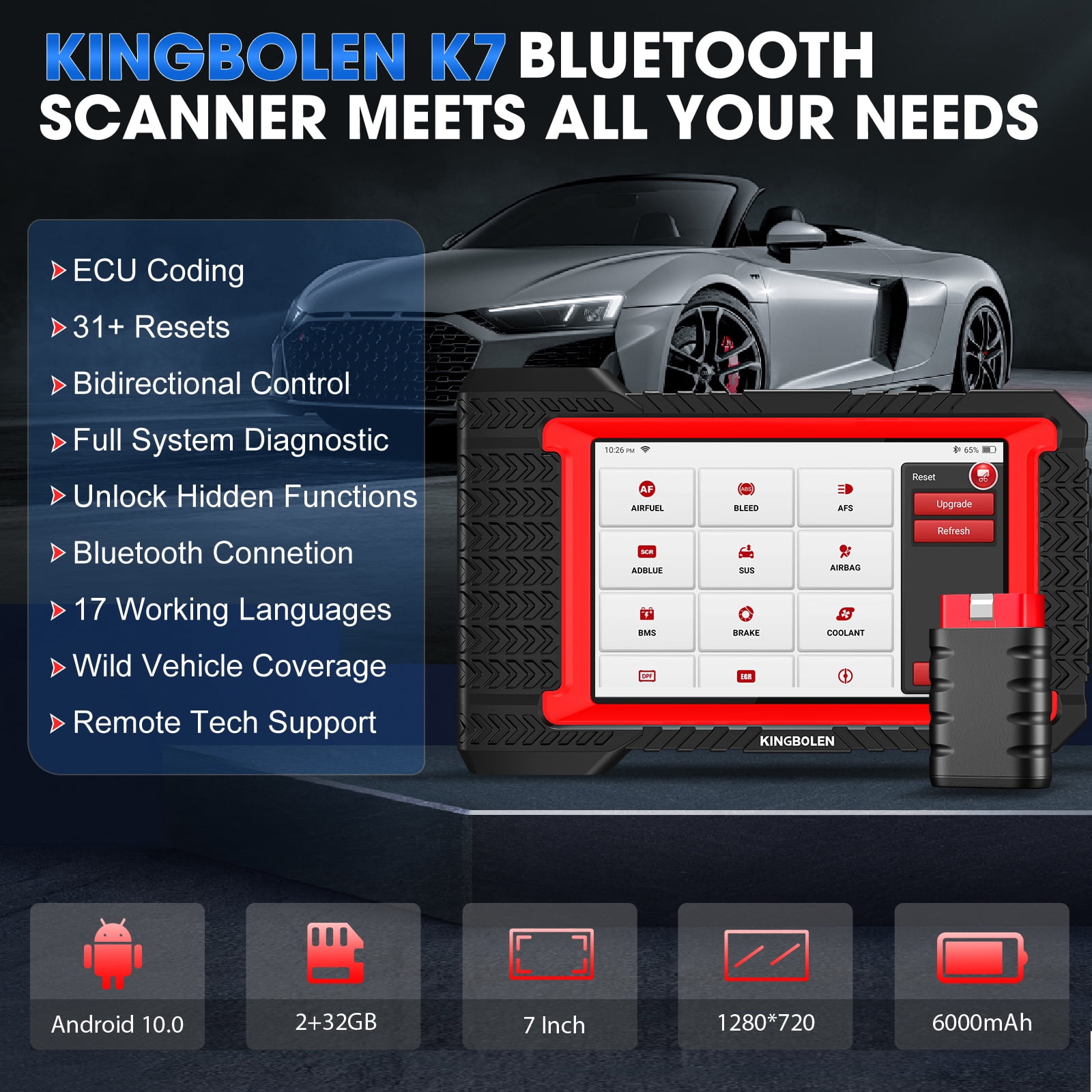 KINGBOLEN K7  Scan Tool Bluetooth  2024 Bidirectional Scan Tool with  31+ Resets, FCA AutoAuth, Crankshaft Relearn/Active Test, Car Diagnostic Scanner for All Systems