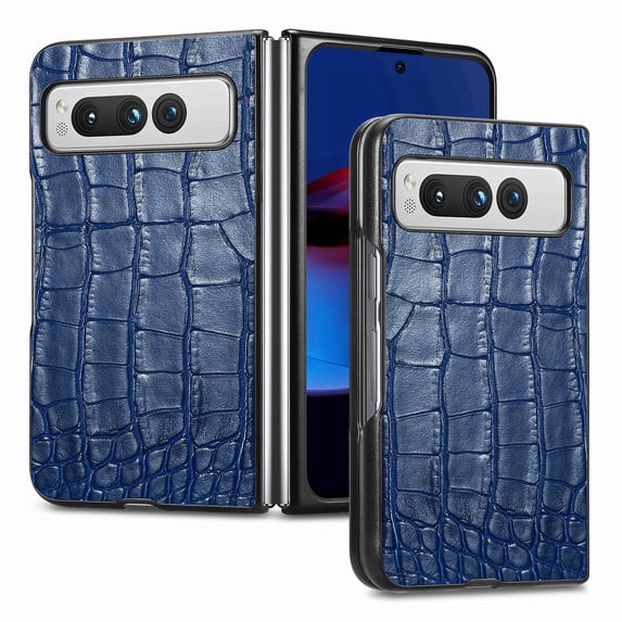SaniMore for Google Pixel Fold 7.6" 2023 Case, Crocodile Texture PU Leather ull Protection with Tempered Glass Screen Protector Wear-resistant Vintage Folding Shell Shockproof Drop-resistant, Blue