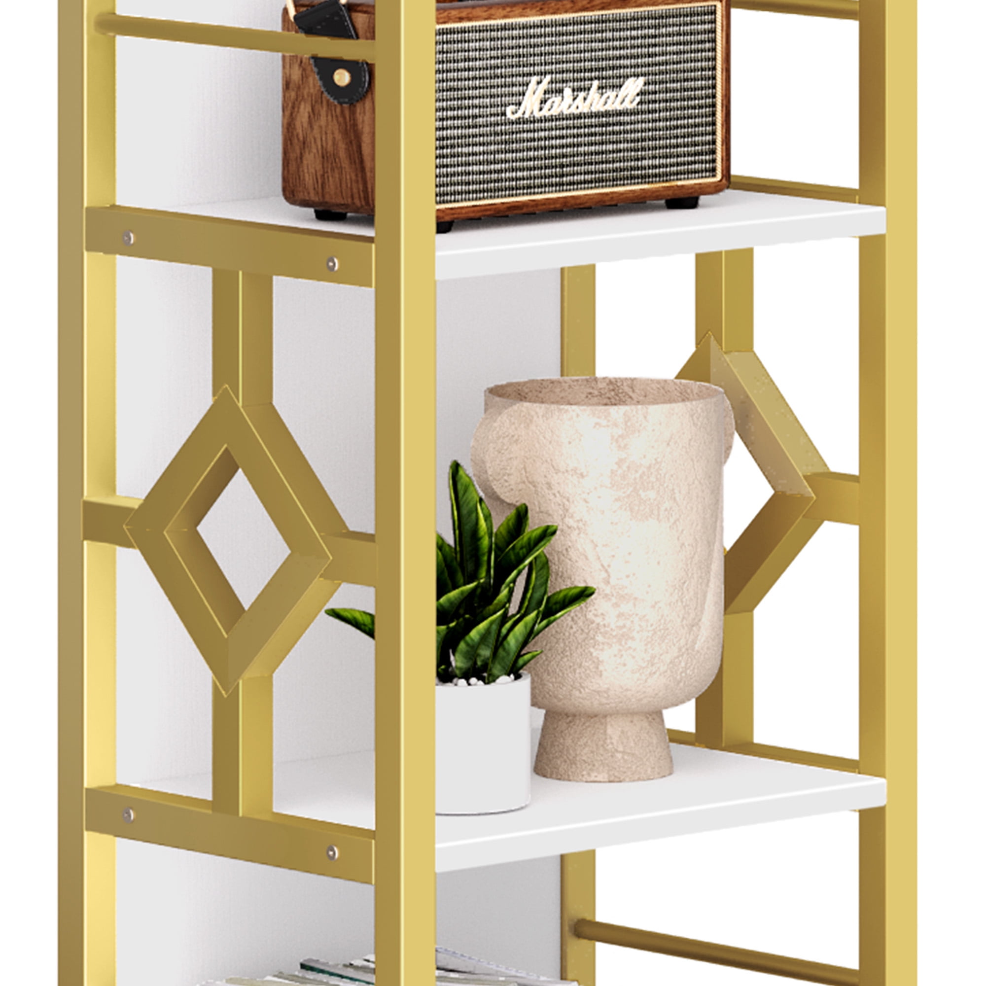 Dextrus 5-Tier White & Gold Bookshelf, Tall Narrow Bookcase with Metal Frame, Open Storage Display Rack Etagere Shelves for Living Room, Home Office