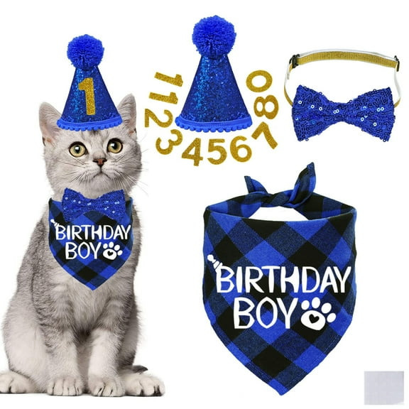 Cat Birthday Decorations, Cat Birthday Hat with Number Bandana Bow Tie Collar for Cats Kittens Apparel Birthday Outfits
