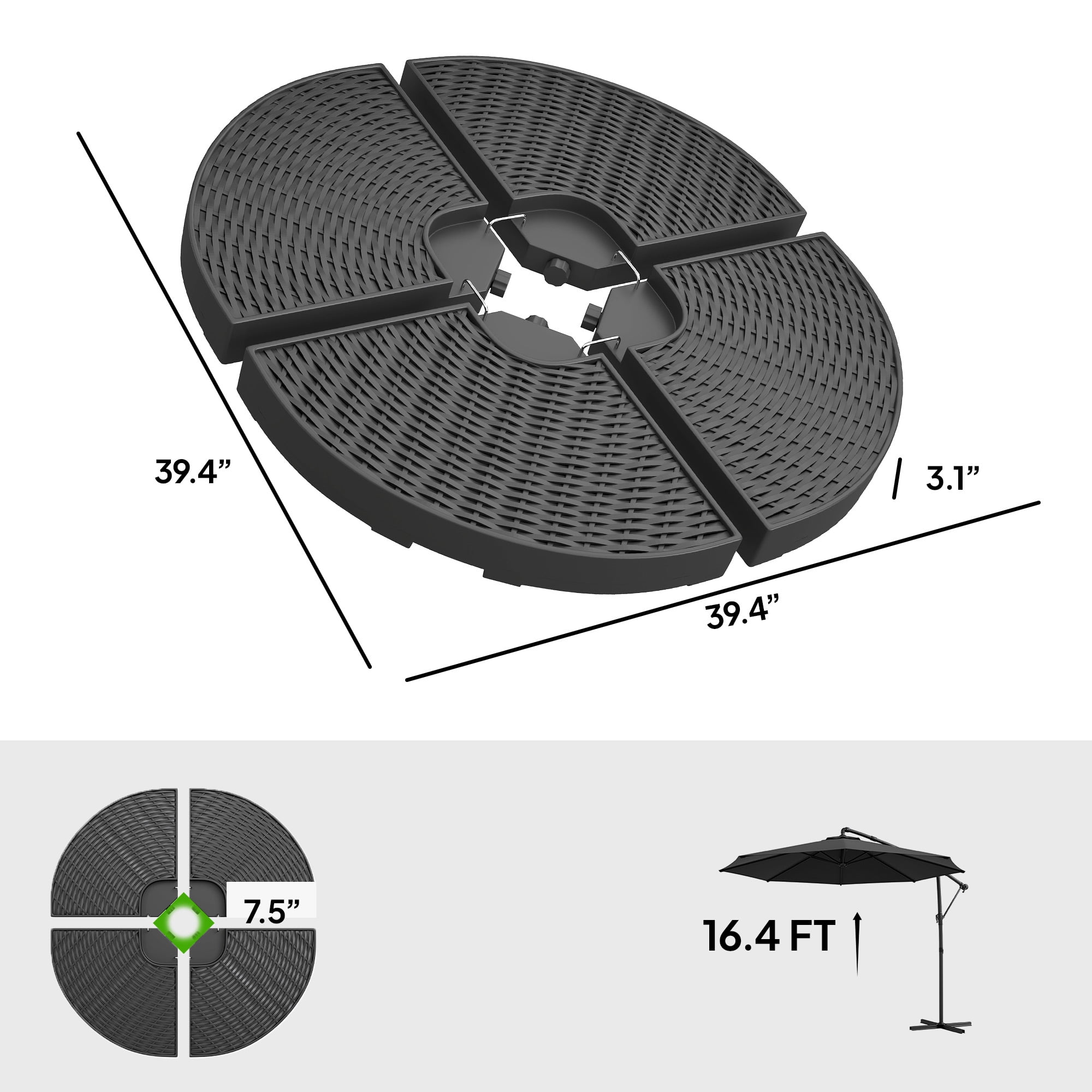Outsunny 4-Piece 150lb Cantilever Patio Umbrella Base Weights for Offset Hanging Umbrella, Fasteners, Wicker-like HDPE Water or Sand Weights, Black